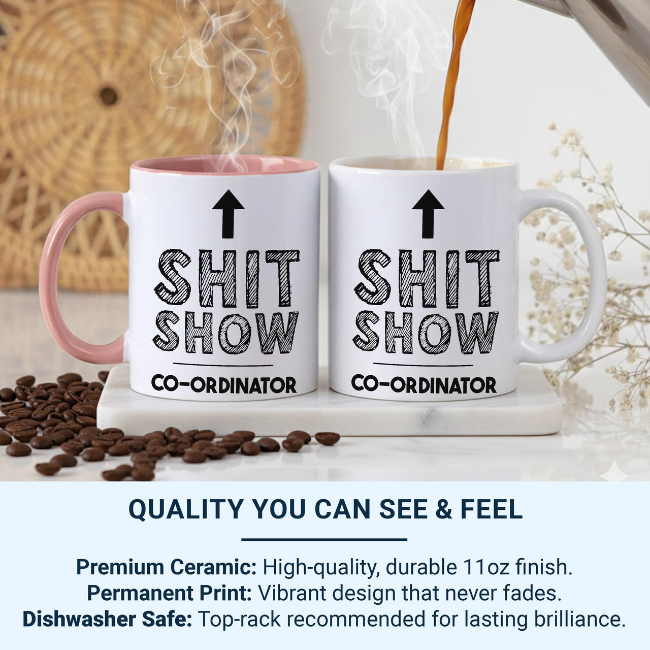 Shit Show Coordinator Mug - Funny Office Work Humour with Arrow - Manager, Team Lead and Chaos Wrangler Desk Gift