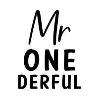 Black flat artwork with handwritten 'Mr' over bold 'ONE' and 'DERFUL' for a first birthday iron-on