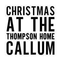 Black bold Christmas family name lettering with sample surname and first name, personalised iron-on design
