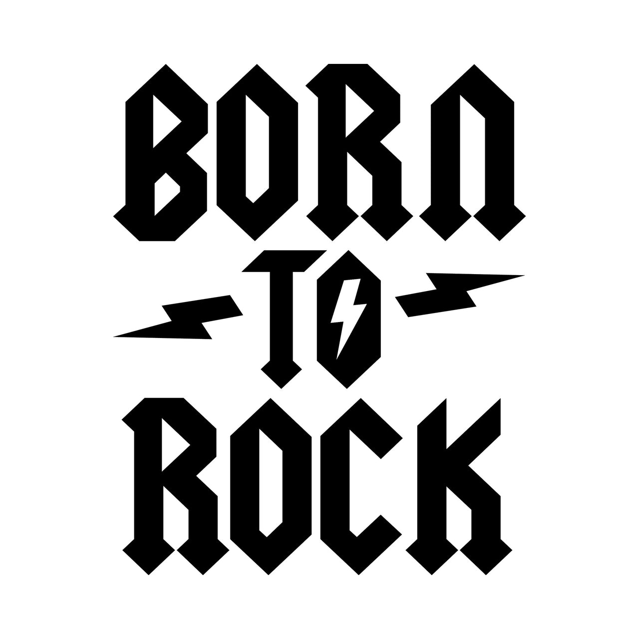 Black angular "Born to Rock" lettering with lightning bolts on white, iron-on vinyl transfer design