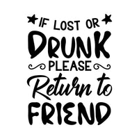 Flat black artwork of the 'please return to friend' slogan in mixed brush and script lettering with stars and swirls