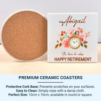 Happy Retirement Personalised Mug – “Time to Relax” Clock and Florals with Name – Office Leaving, Farewell Party and New_Chapter Gift
