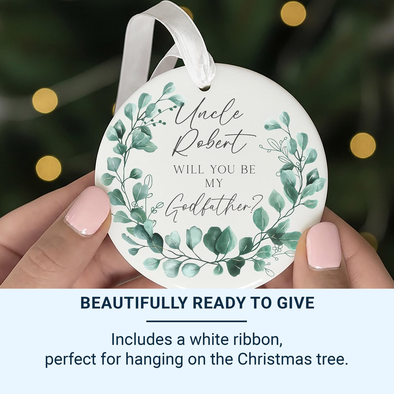 Godfather Proposal Ornament - Leafy Wreath Keepsake with Name & Question