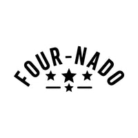 Four-nado 4th birthday iron-on design: black arched FOUR-NADO lettering with stars on white