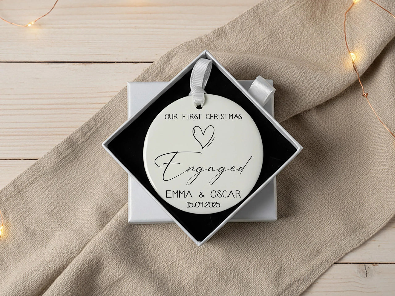 Our First Christmas Engaged Personalised Ornament, Engagement Minimalist Christmas Bauble, Present for Bride and Groom, 1st Christmas Decor