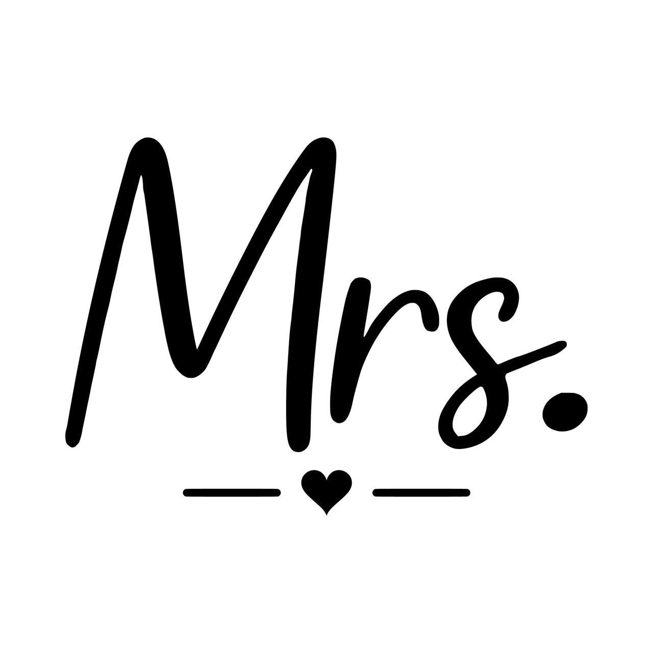 Black 'Mrs.' handwritten script lettering with a small heart and lines below, iron-on transfer design