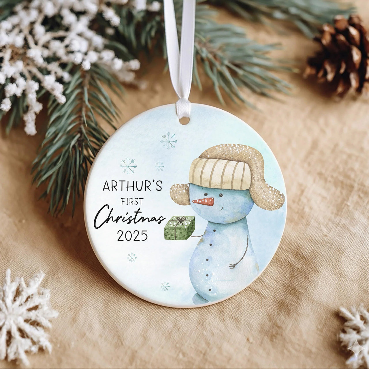 Snowman Baby Ornament - First Christmas Keepsake with Name and Year for Boys & Girls