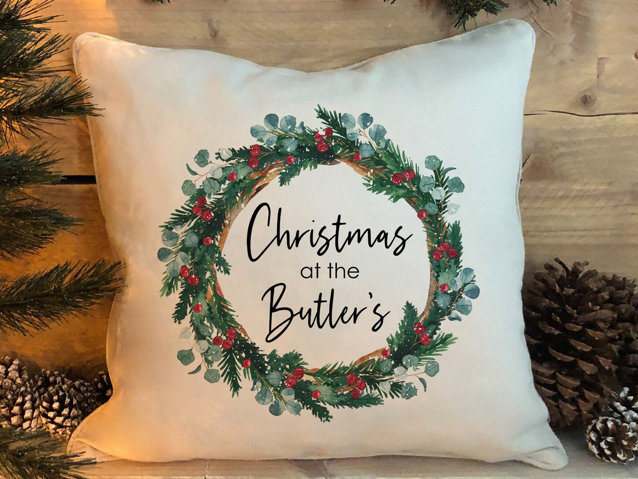 Personalised Christmas Cushion Cover - Xmas Wreath Decoration  Gift