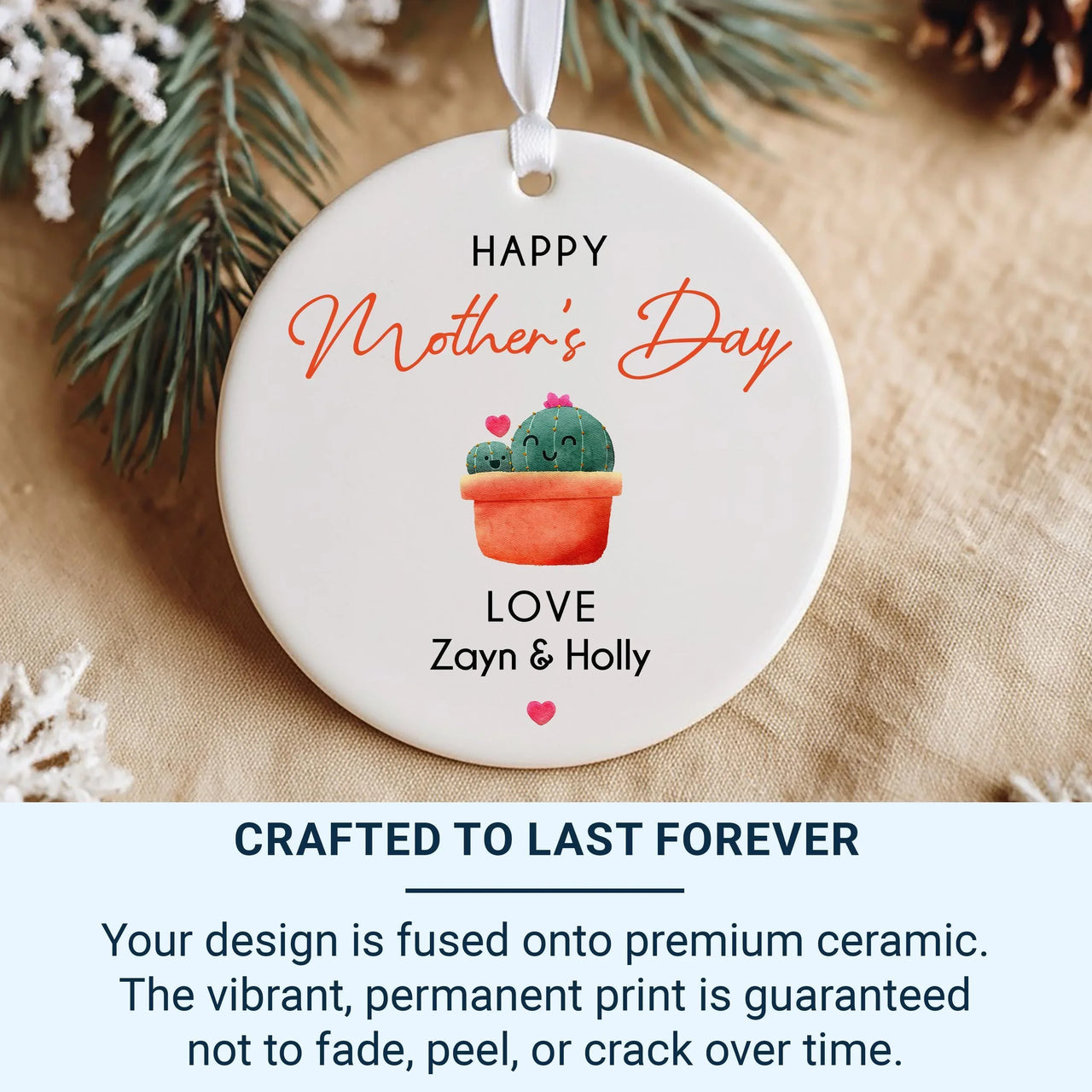 Cactus Mother Day Ornament - Playful Keepsake with Hearts & Names for Mum