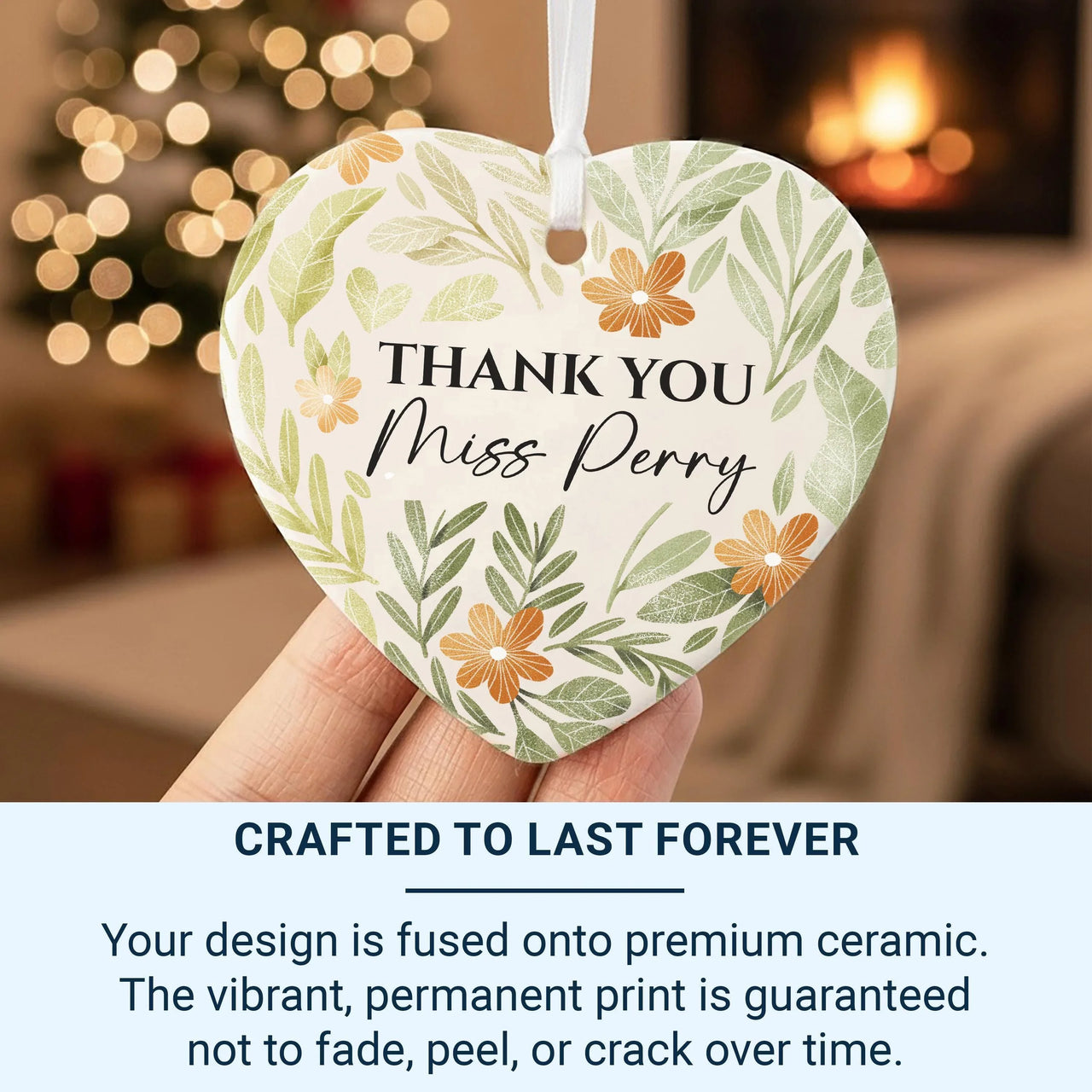 Teacher Heart Ornament - Green Floral Thank You Keepsake with Name DENMARY