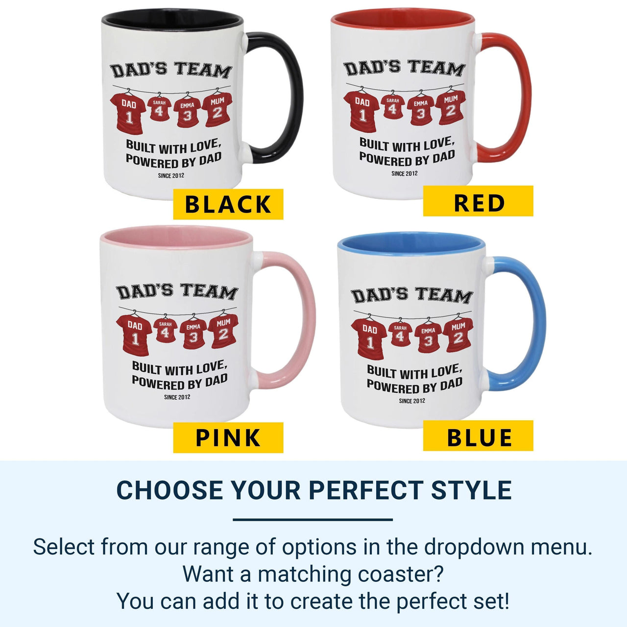 Dad’s Team Personalised Family Mug – Names, Numbers and “Built with Love” – Father’s Day, Birthday and Christmas Gift for Dad