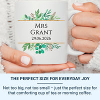 Mrs Wedding Date Personalised Mug – Surname and Exact Date with Greenery – Bride Morning, Bridal Shower and Newlywed Keepsake