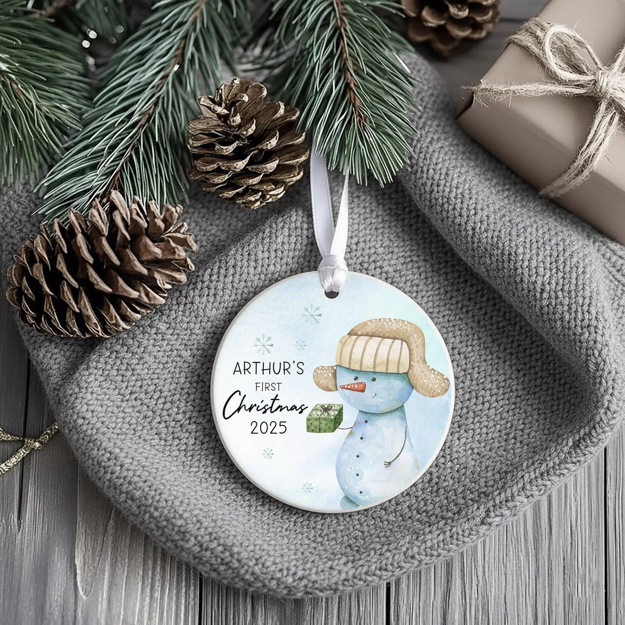 Snowman Baby Ornament - First Christmas Keepsake with Name and Year for Boys & Girls