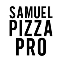 Flat design of tall black capitals 'SAMUEL PIZZA PRO' stacked on three lines, personalised heat transfer