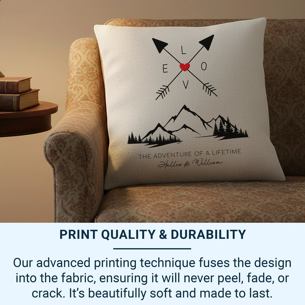 Personalised Adventure Cushion – Romantic Mountain Pillow With Custom Names & Arrows Design