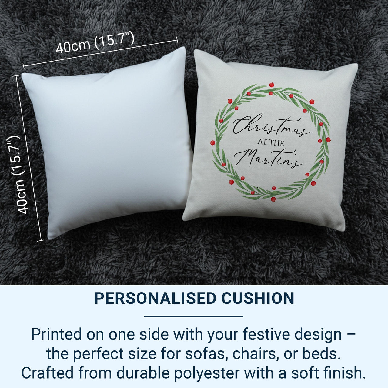 Personalised Family Christmas Cushion - Festive Wreath Design with Family Name