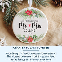 First Christmas Mr & Mrs Ornament - Newlywed Keepsake with Poinsettias for Couples' Tree