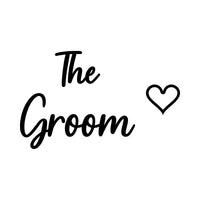 Flat black artwork of script 'The Groom' with a small outline heart, wedding party iron-on transfer