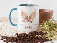 Have a Very Happy Easter Personalised Mug – Bunny Ears with Florals and Script Name – Kids’ Spring Basket and Cocoa Gift