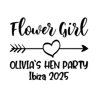 Flat black artwork with script 'Flower Girl', arrow through a heart, 'OLIVIA`S HEN PARTY' and 'Ibiza 2025'