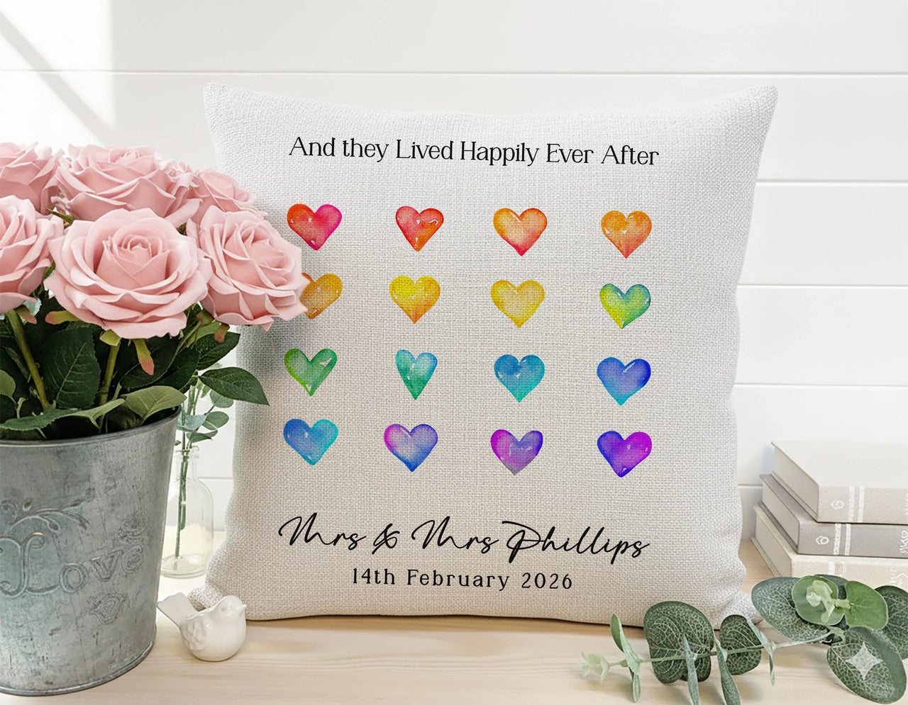 Personalised Wedding Cushion – Watercolour Hearts Cushion With Custom Names & Date | Handmade Anniversary Gift DENMARY