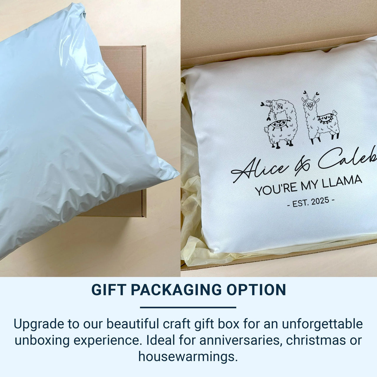 Personalised Llama Cushion – Romantic Couple Gift With Custom Name & Date