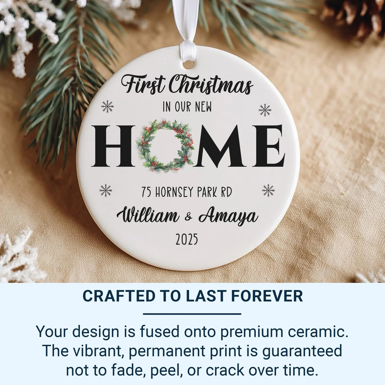 New Home Wreath Ornament - First Christmas Keepsake with Address & Names 2023