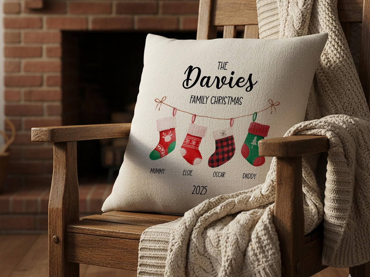 Personalised Family Christmas Stockings Cushion - Festive Keepsake with Names & Year