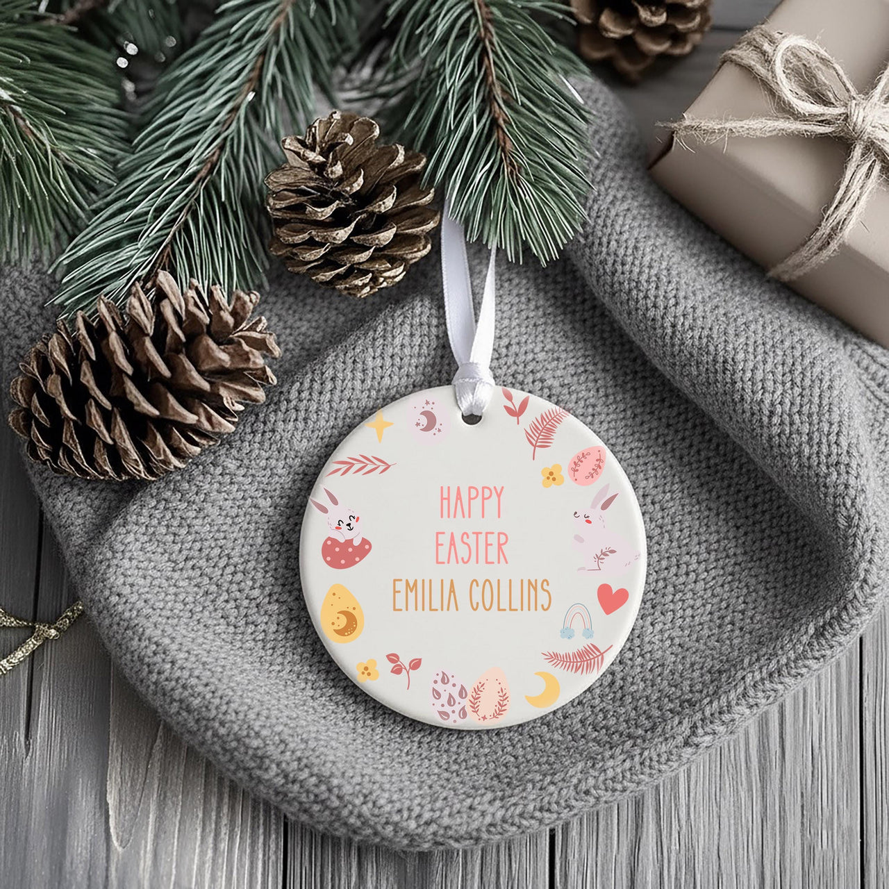 Easter Pastel Ornament - Family Keepsake with Name & Bunny Egg Motifs