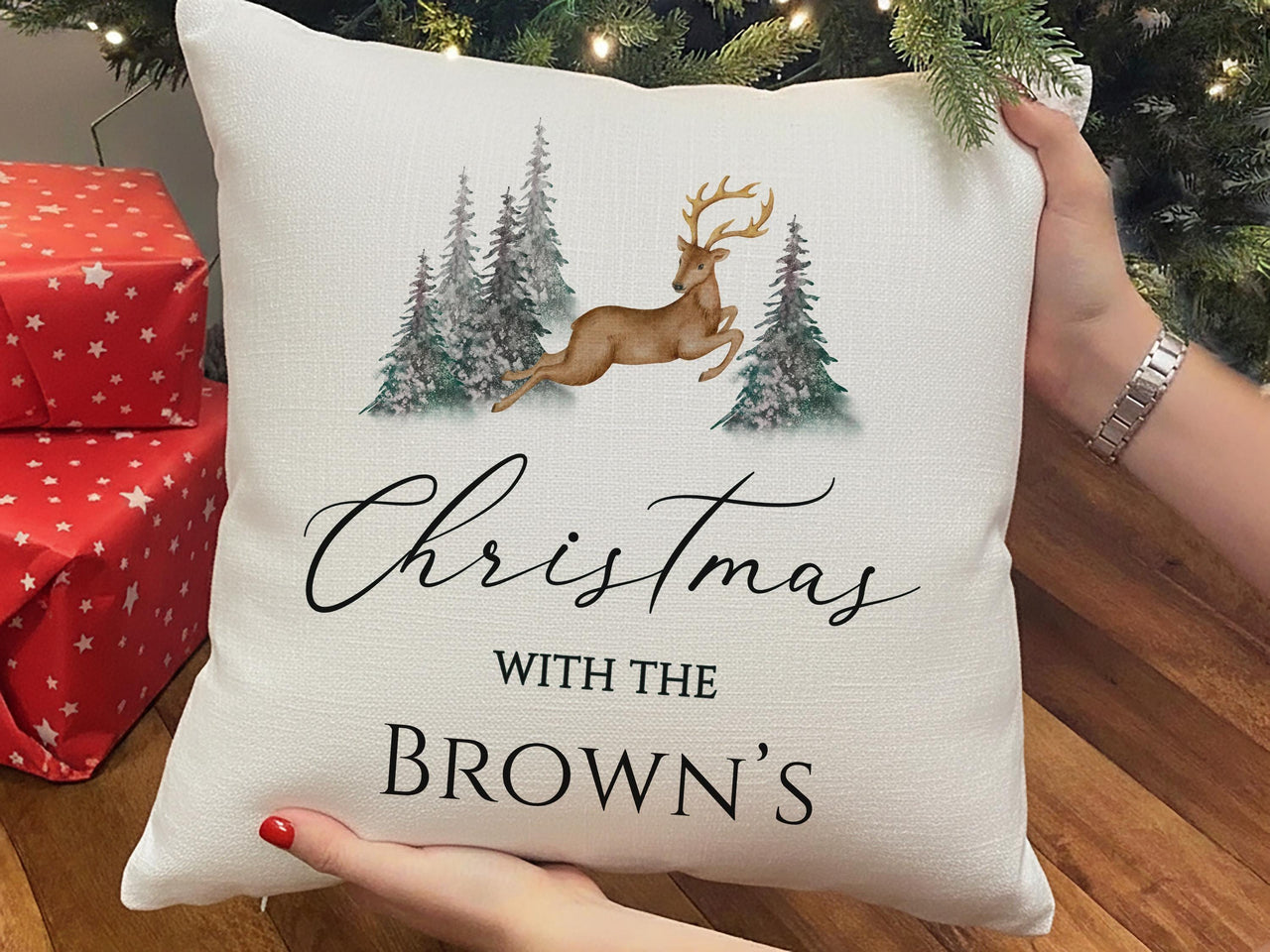 Personalised Christmas Family Cushion - Minimalist Reindeer Design - Xmas Decor - Perfect Gift for Friend - Unique Stocking Filler