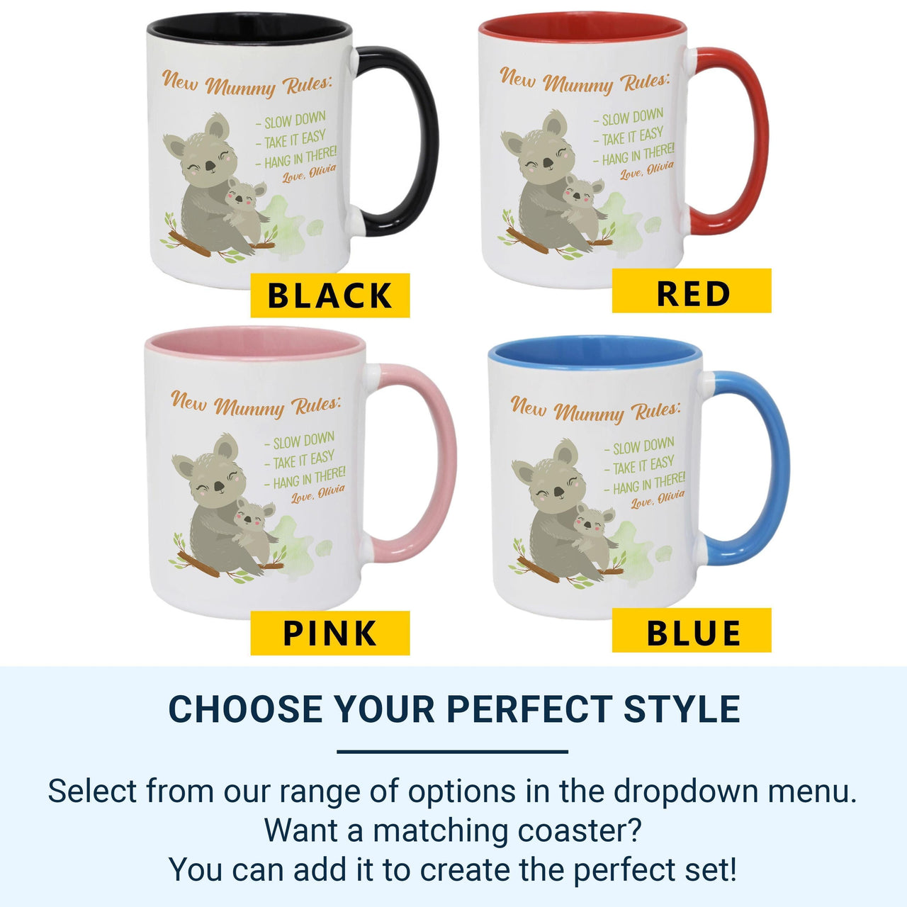 New Mummy Rules Personalised Mug – Koala Mum and Baby with Gentle Reminders – First Mother’s Day and Baby Shower Gift