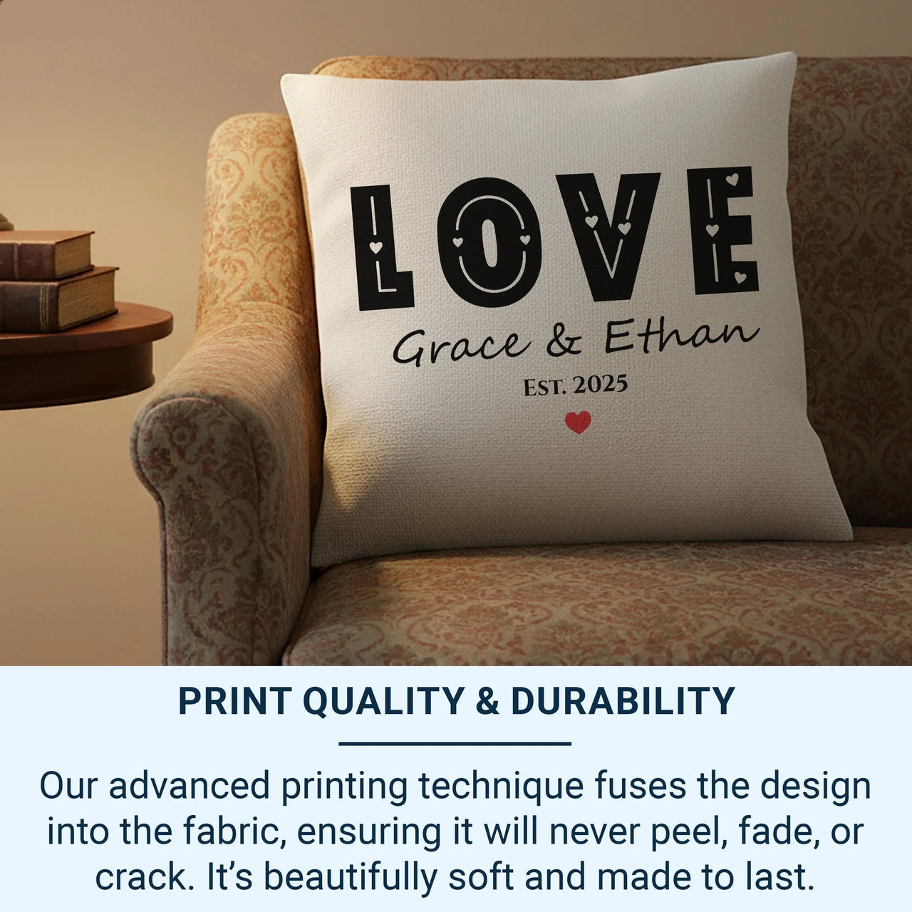 Personalised LOVE Cushion - Bold Romantic Keepsake with Names, Date & Heart Design