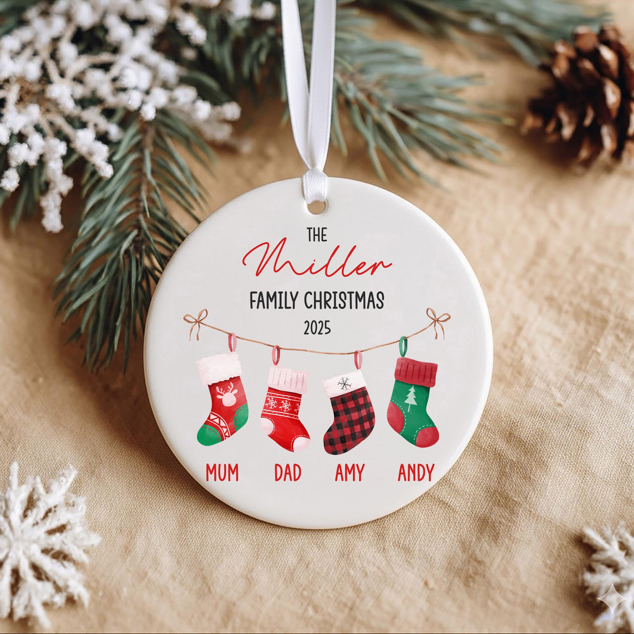 Personalised Family Christmas Ornament, Christmas Stockings Bauble, Custom Xmas Home Round Ceramic Decoration, Best Gift for Grandparents UK