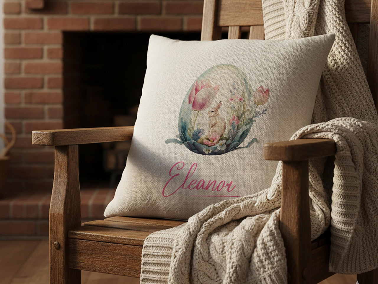 Personalised Easter Rabbit Cushion with Name - Pastel Floral Egg Design for a Sweet Spring Keepsake