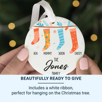 Family Christmas Ornament - Stocking Row with Four Names & Surname