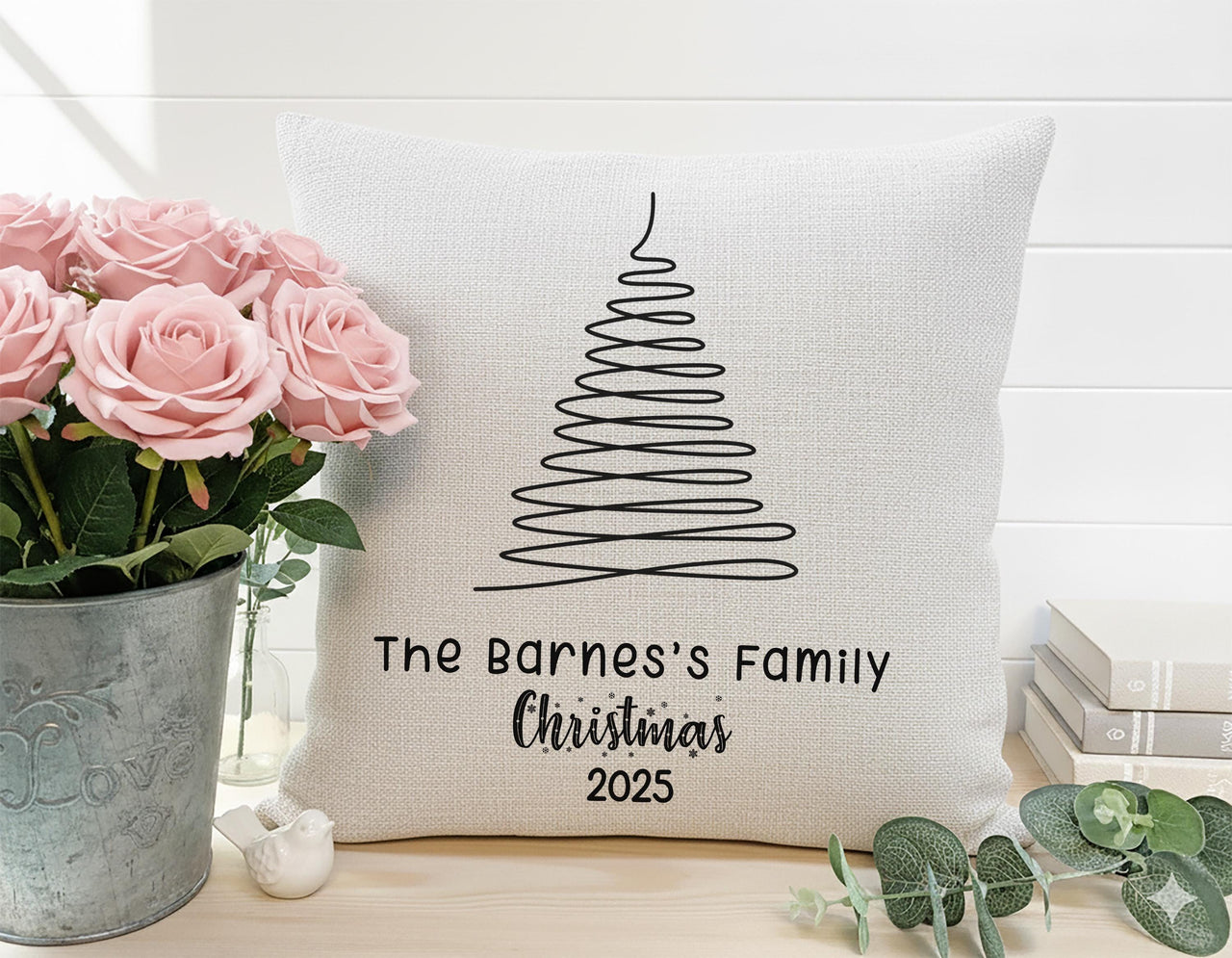 Personalised Family Christmas Cushion - Minimal Tree Design with Name & Year