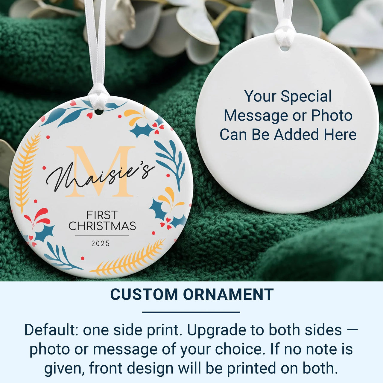 Baby First Christmas Ornament - Bright Foliage Keepsake with Name & Year for Newborns