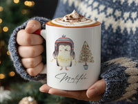 Personalised Christmas Penguin Mug – Name with Fairy Lights and Tree – Kids’ Festive Cocoa Cup and Stocking Filler