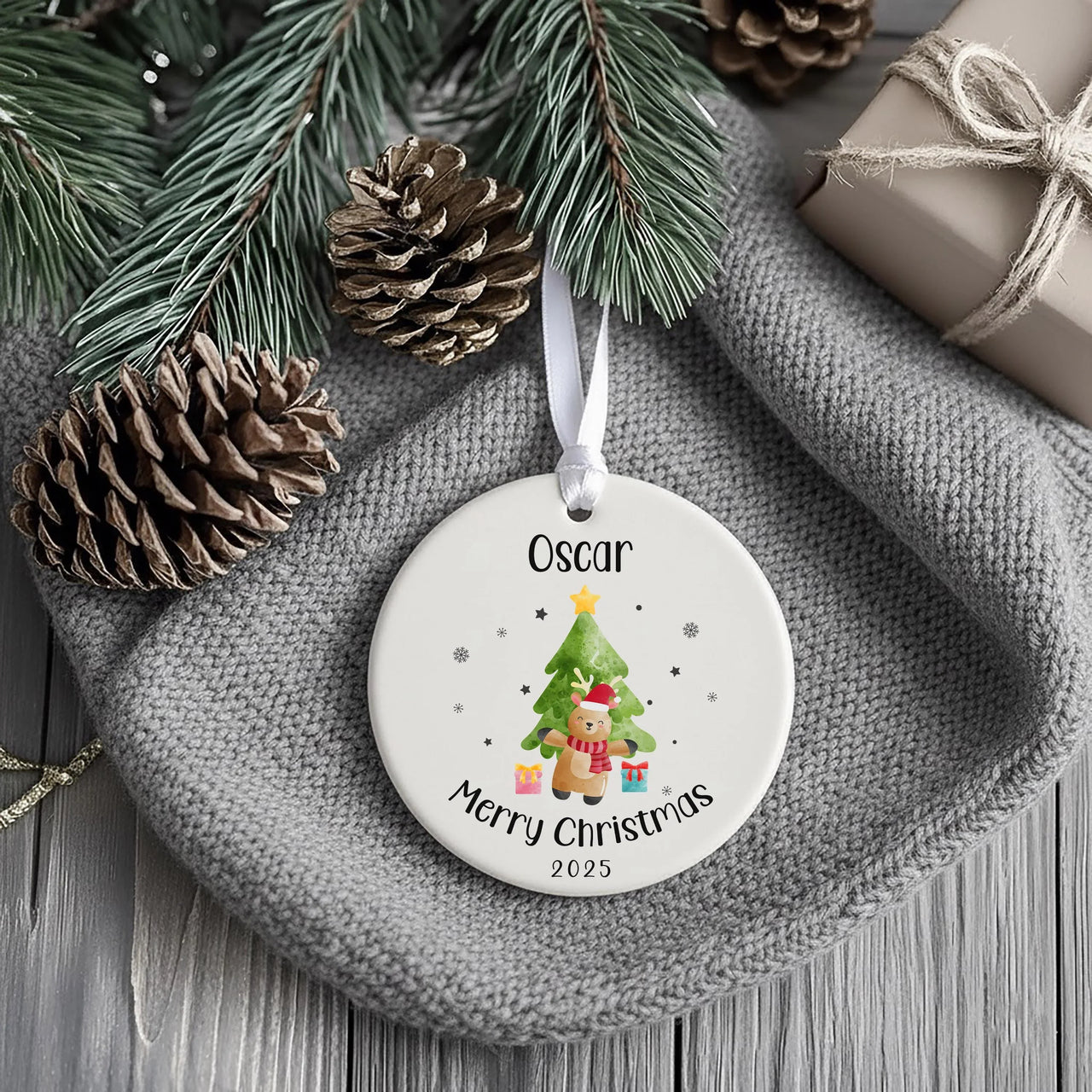 Personalised Christmas Ornament - Cute Reindeer and Xmas Tree Bauble - Ceramic Christmas Keepsake for Kids - Unique Christmas Eve Box Filler
