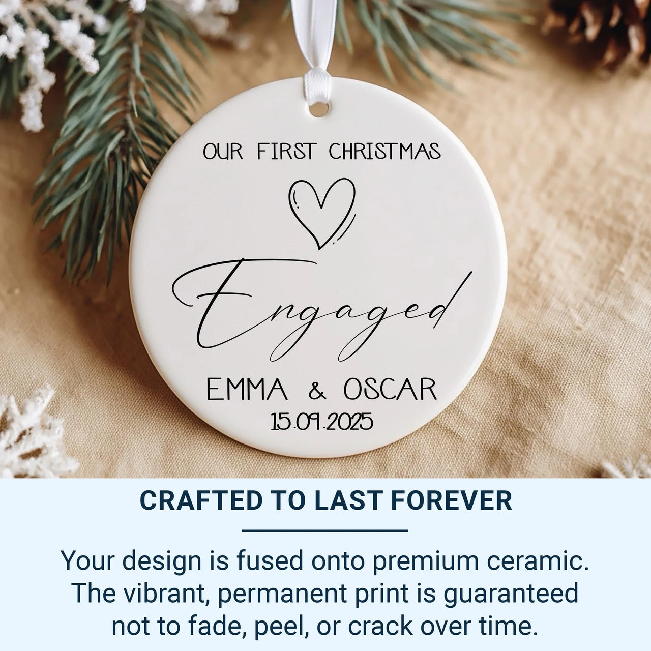 Our First Christmas Engaged Personalised Ornament, Engagement Minimalist Christmas Bauble, Present for Bride and Groom, 1st Christmas Decor