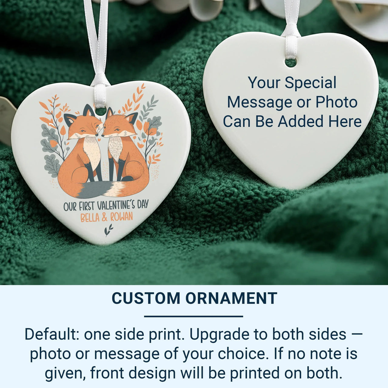 Valentine Foxes Heart Ornament - First Valentine Keepsake with Leafy Frame & Names
