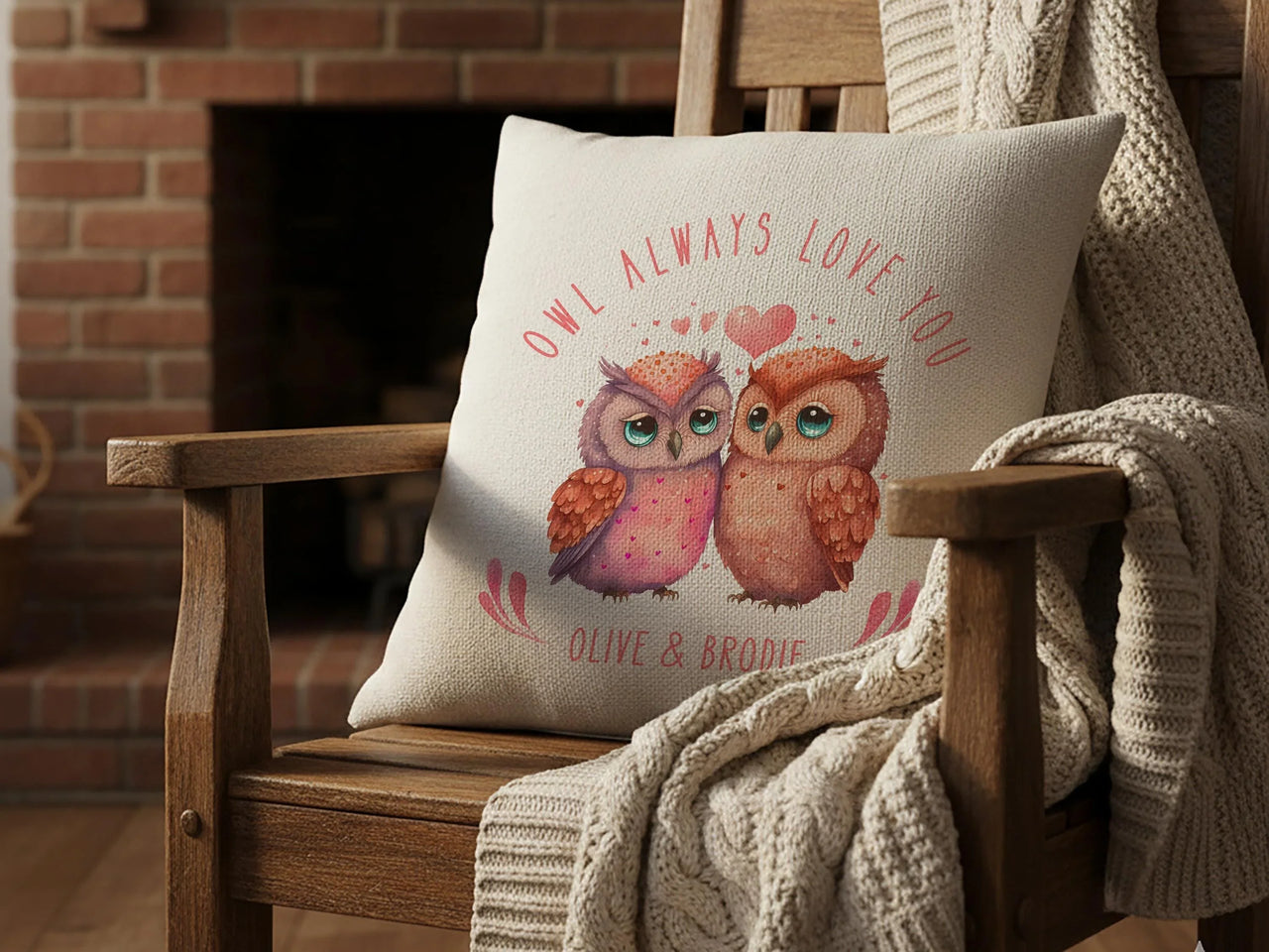 Personalised Owl Cushion – Romantic Cushion Gift With Heart Design & Custom Names