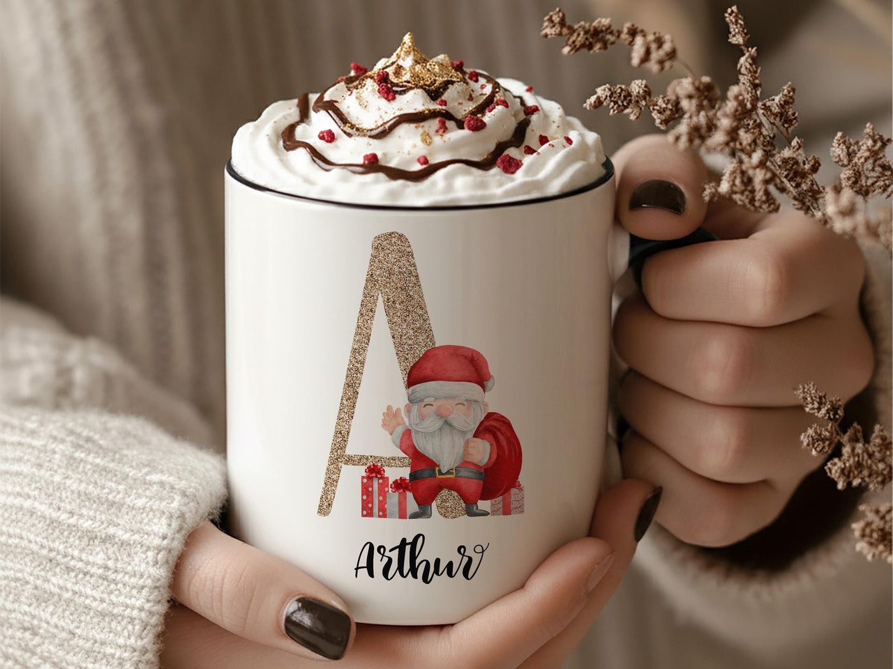 Personalised Santa Mug with Glitter Initial and Name - Christmas Gift for Kids