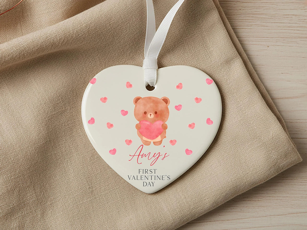 Baby First Valentine Ornament - Teddy Heart Keepsake with Name