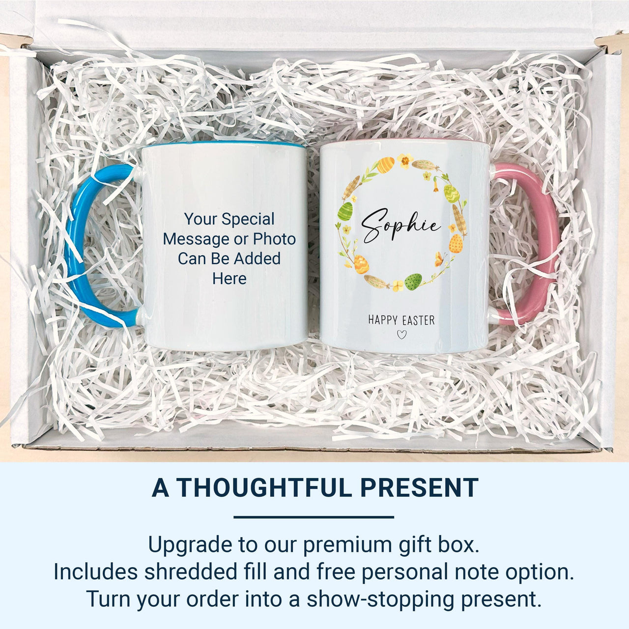 Happy Easter Personalised Name Mug – Floral Egg Wreath with Script and Heart – Kids’ Basket Filler and Spring Morning Cocoa