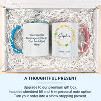 Happy Easter Personalised Name Mug – Floral Egg Wreath with Script and Heart – Kids’ Basket Filler and Spring Morning Cocoa