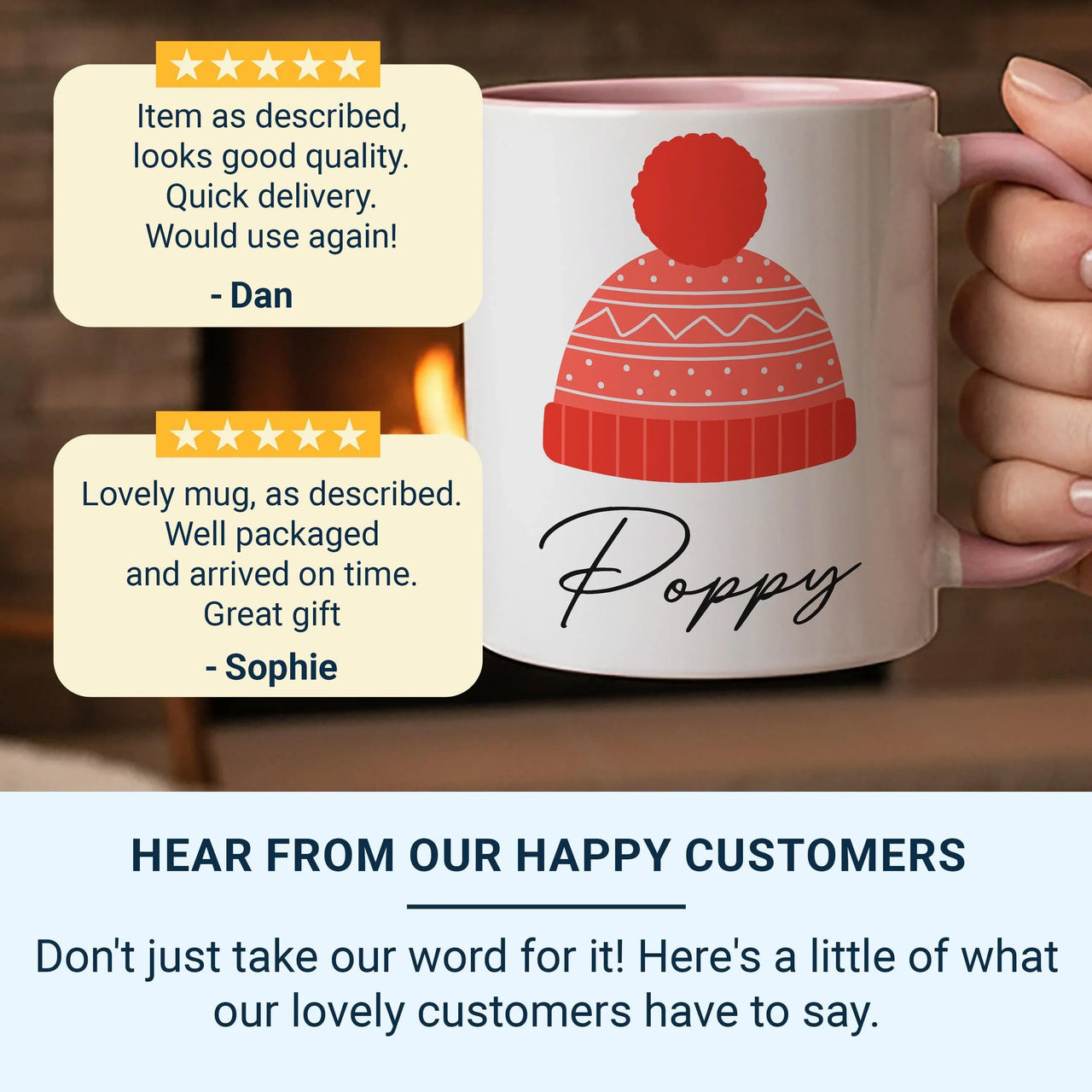 Personalised Winter Hat Mug – Custom Name Ceramic Cocoa Cup with Festive Bobble Beanie