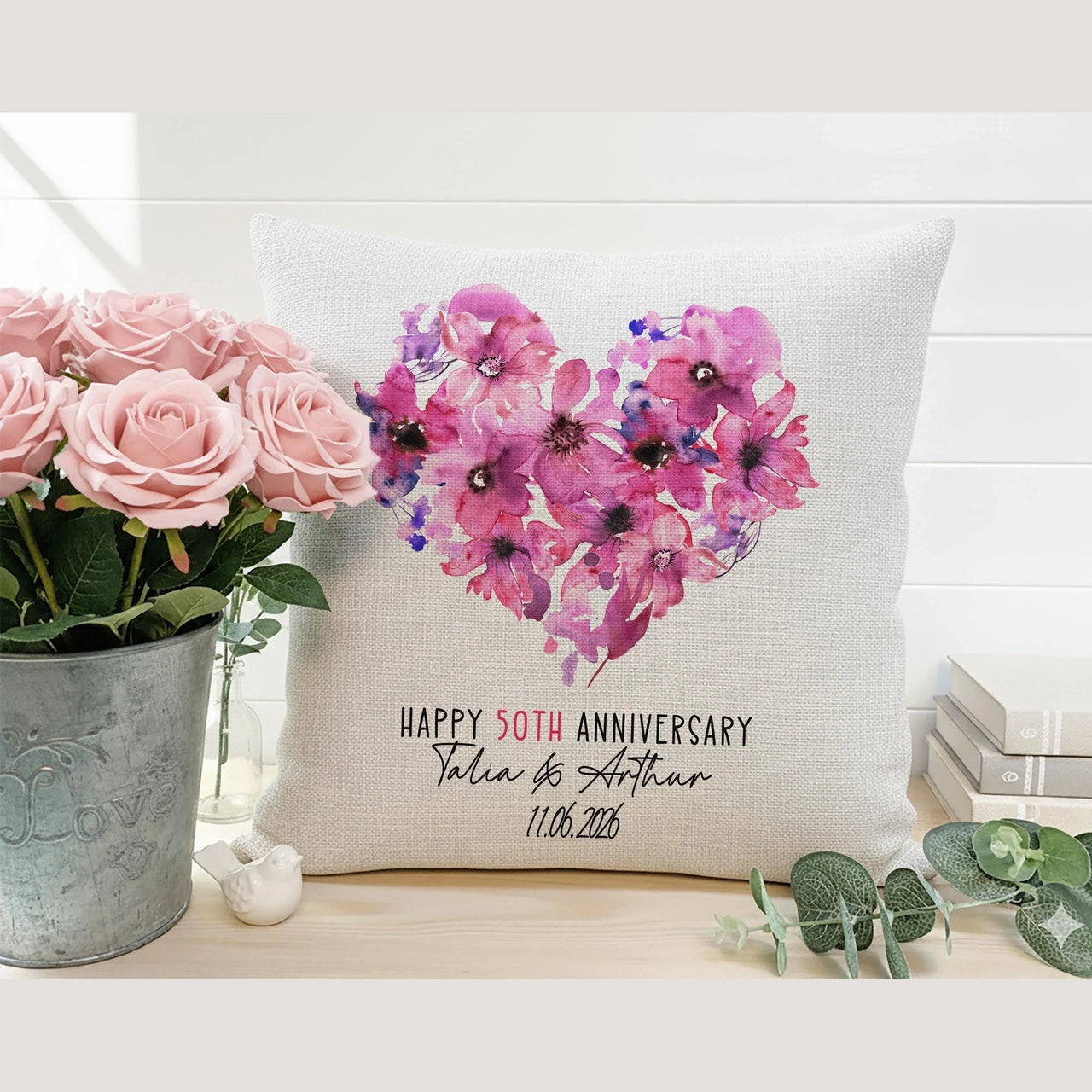 50th Anniversary Cushion – Personalised Sofa Cushion With Floral Heart Design