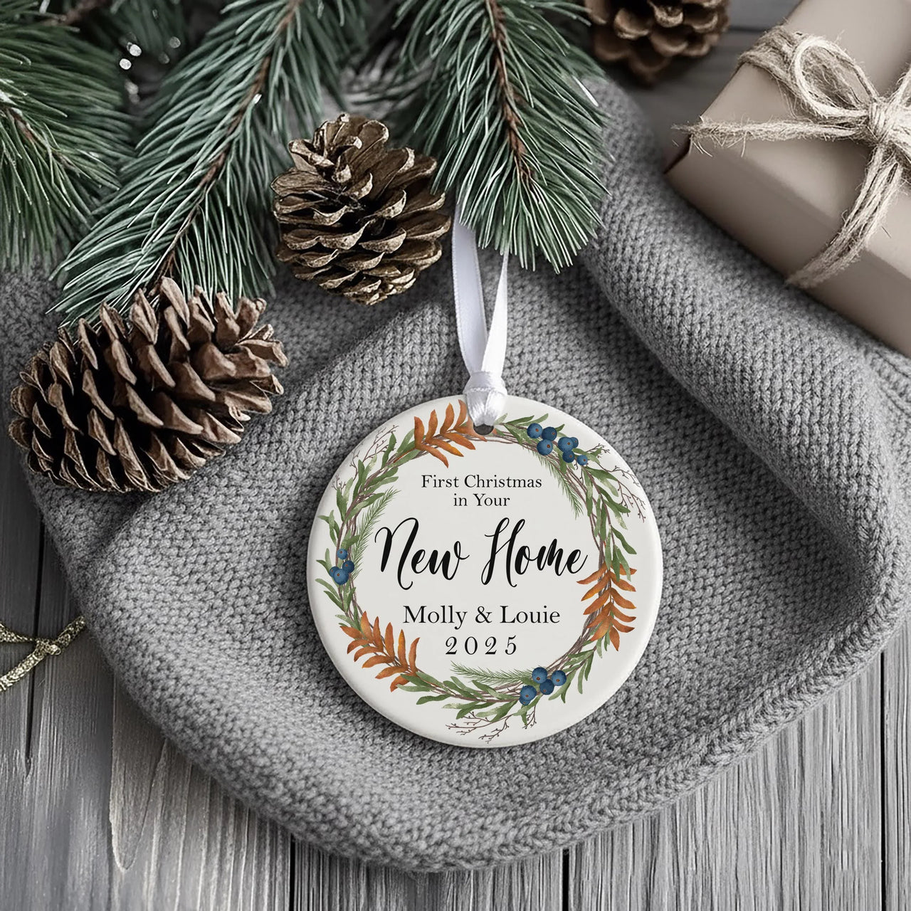 New Home Floral Ornament - First Christmas Keepsake with Wreath & Names for Couples