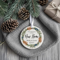 New Home Floral Ornament - First Christmas Keepsake with Wreath & Names for Couples